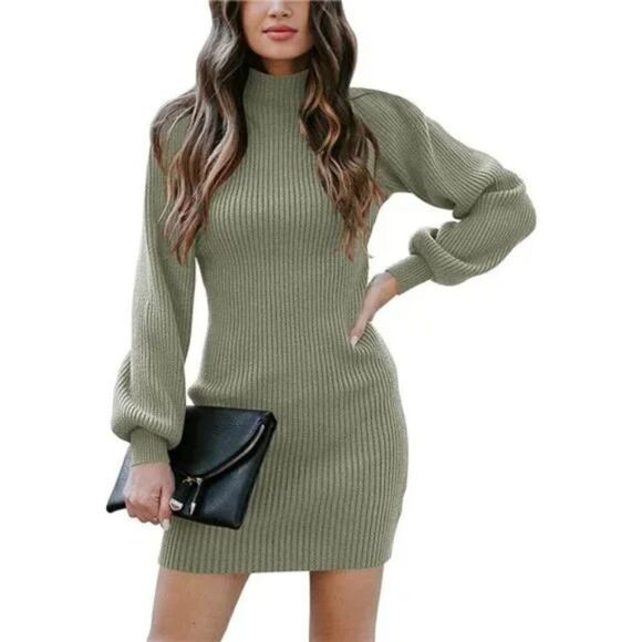 New Elasticity Slim Sweater Bodycon Mini Sweater Dress, Beauty Green - Picture 1 of 6